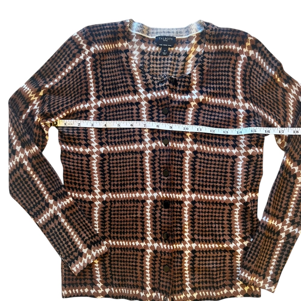 Talbots Petites 100% merino wool black and brown patterned cardigan. - Picture 2 of 5